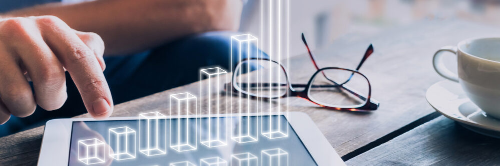 Businessman,Analyzing,Growing,3d,Ar,Chart,Floating,Above,Digital,Tablet